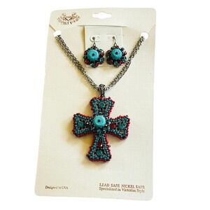 BLV‎ Victorian Style matching Set Necklace Earrings Cross crystal turquoise NWT